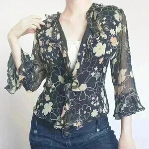 Vintage silk  black & neutral tones frilly floral blouse with ruffles